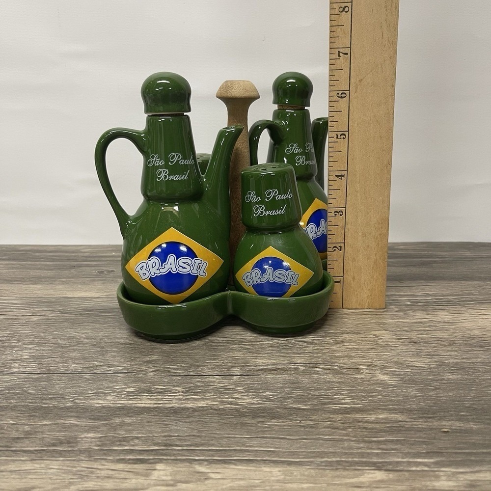 Sao Paulo Brasil Cruet Set Ceramic Green Brazil Flag 5 Piece Caddy - Picture 11 of 16